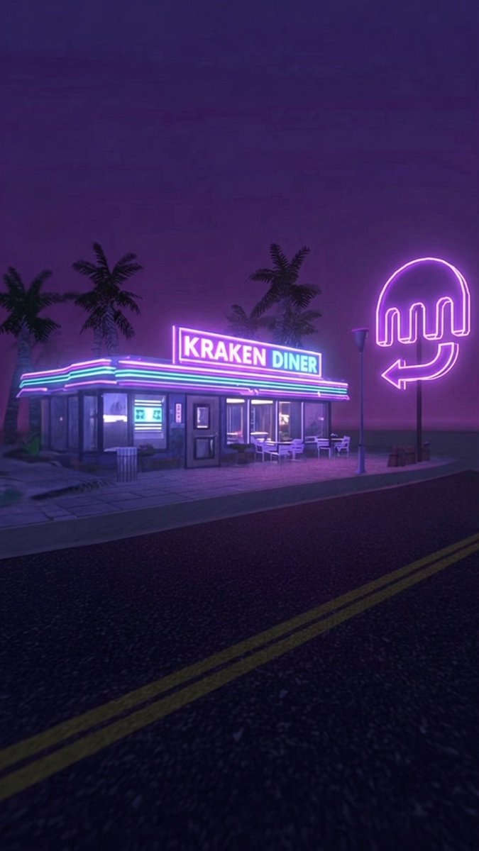 The purple neon Kraken Diner under an otherworldly night sky.