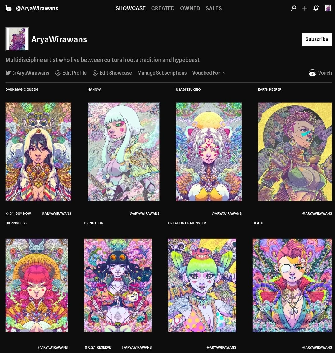 An artist’s Sealed profile in dark mode, with an illustrated collection and showcase, created, owned, and sales tabs.