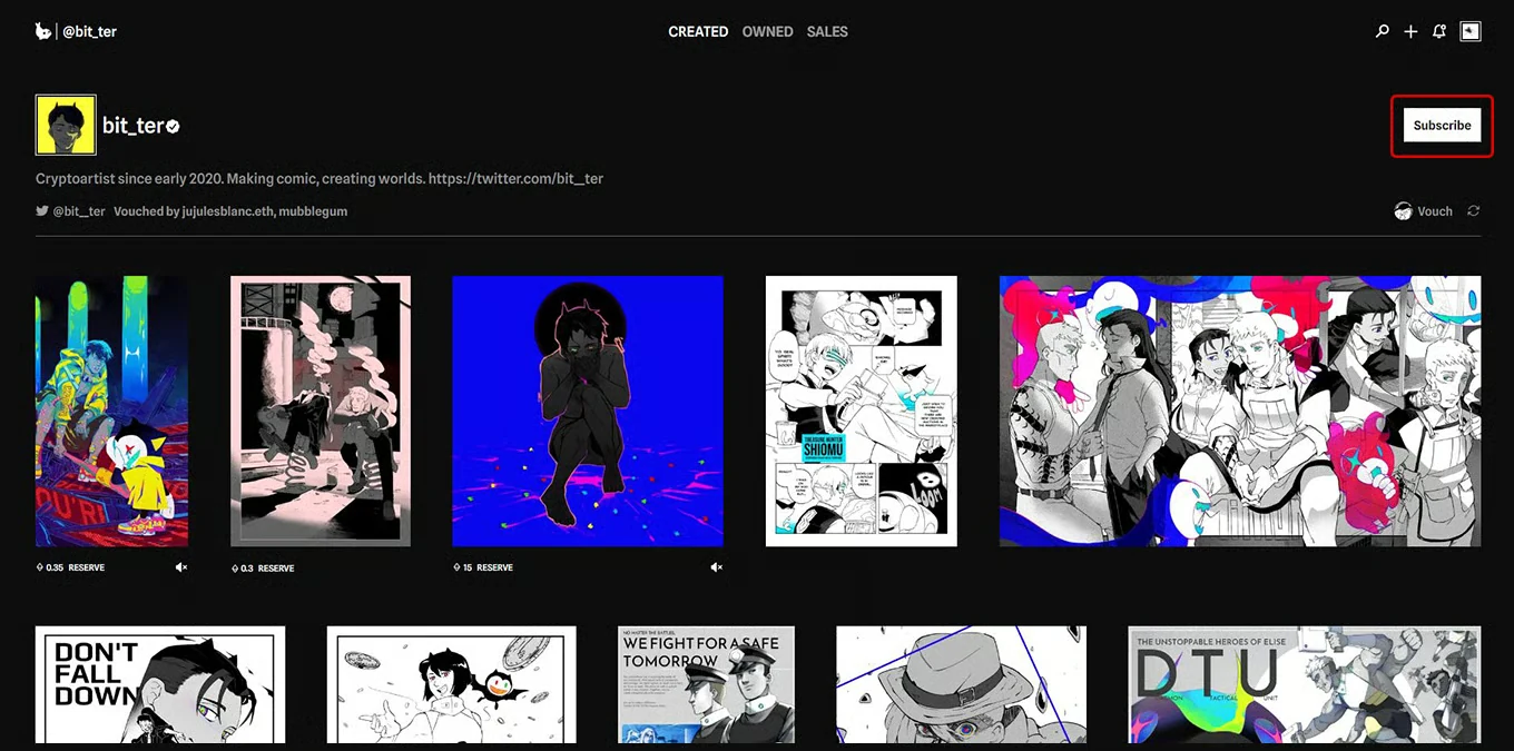 bit_ter’s Sealed gallery, with a dark background and individually sized artworks.
