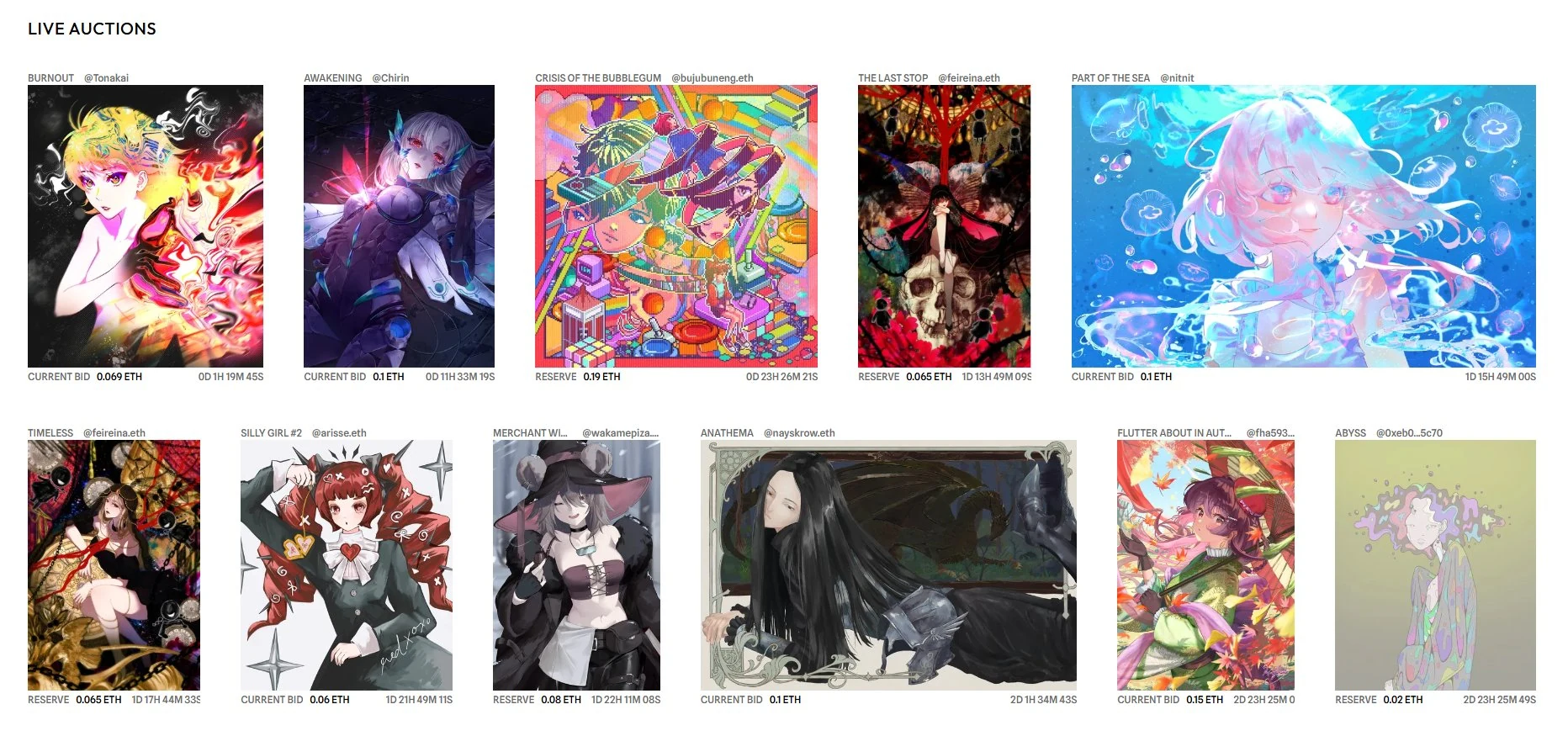 Sealed live auctions grid showing the artwork above reserve prices and auction timers.