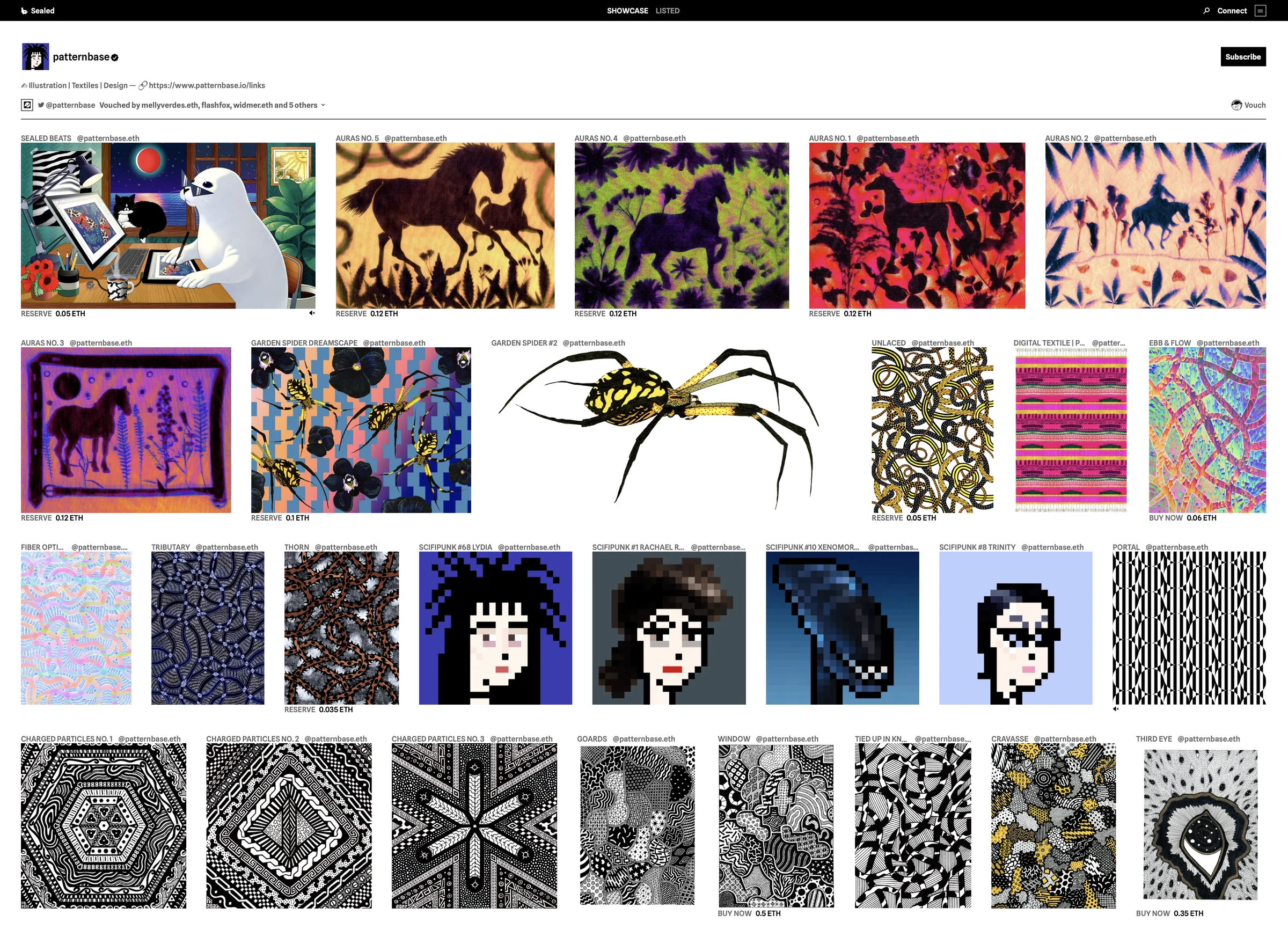 Patternbase’s Sealed profile and gallery with graphic, abstract, and pixel artwork.