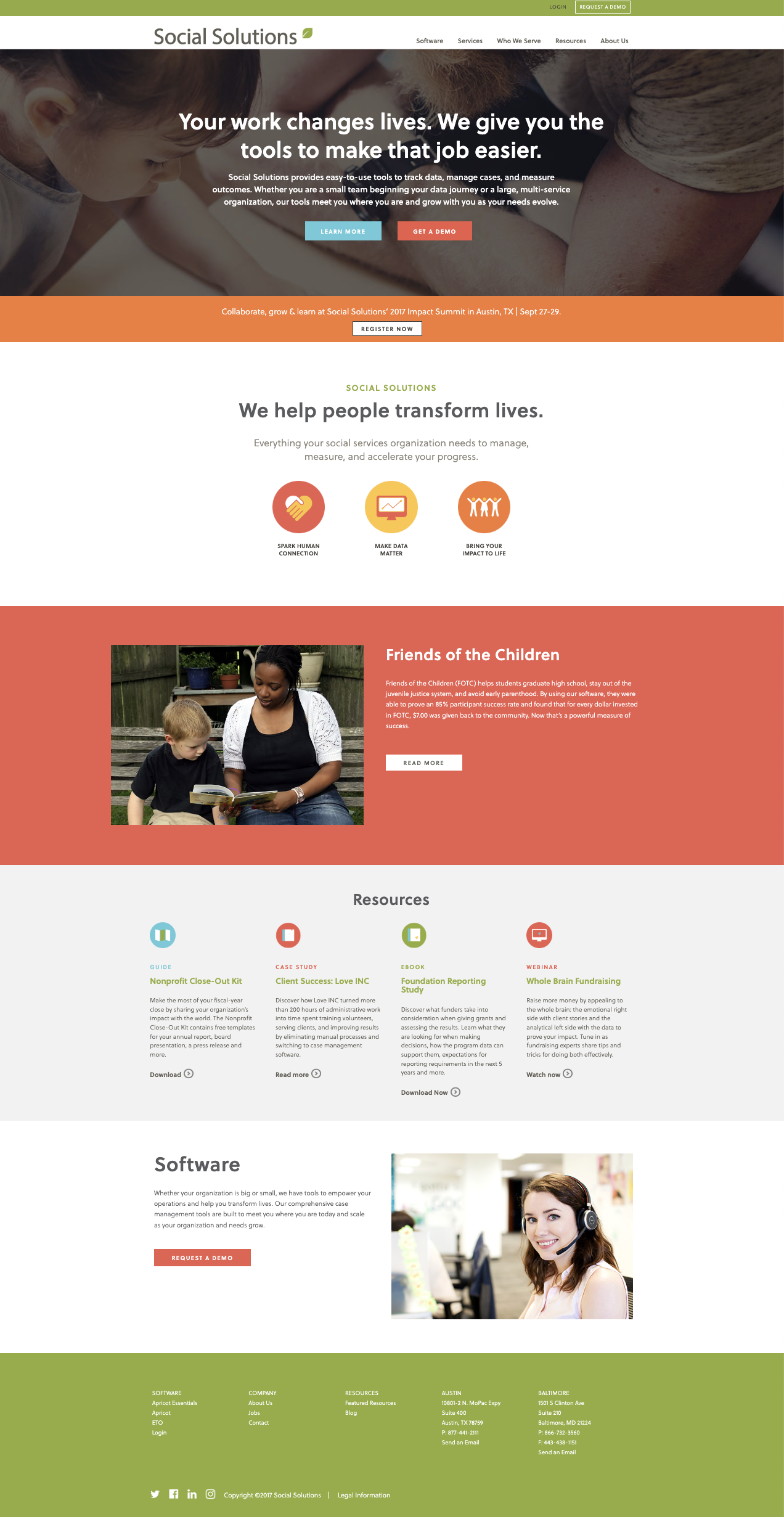 Archived Social Solutions homepage showing nonprofit-focused messaging, a customer story, resources, and software information.